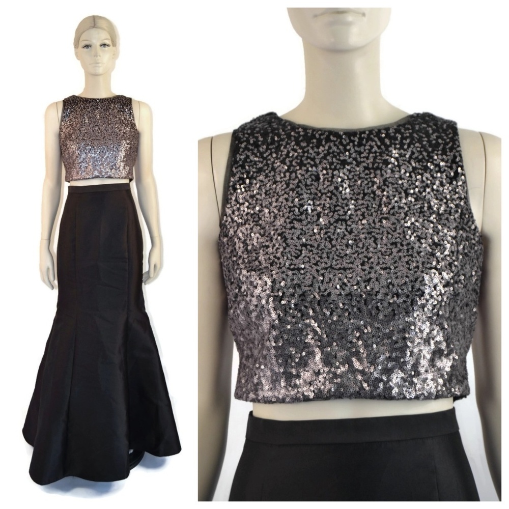 Xscape Two Piece Black Sequins Crop Skirt Set 10